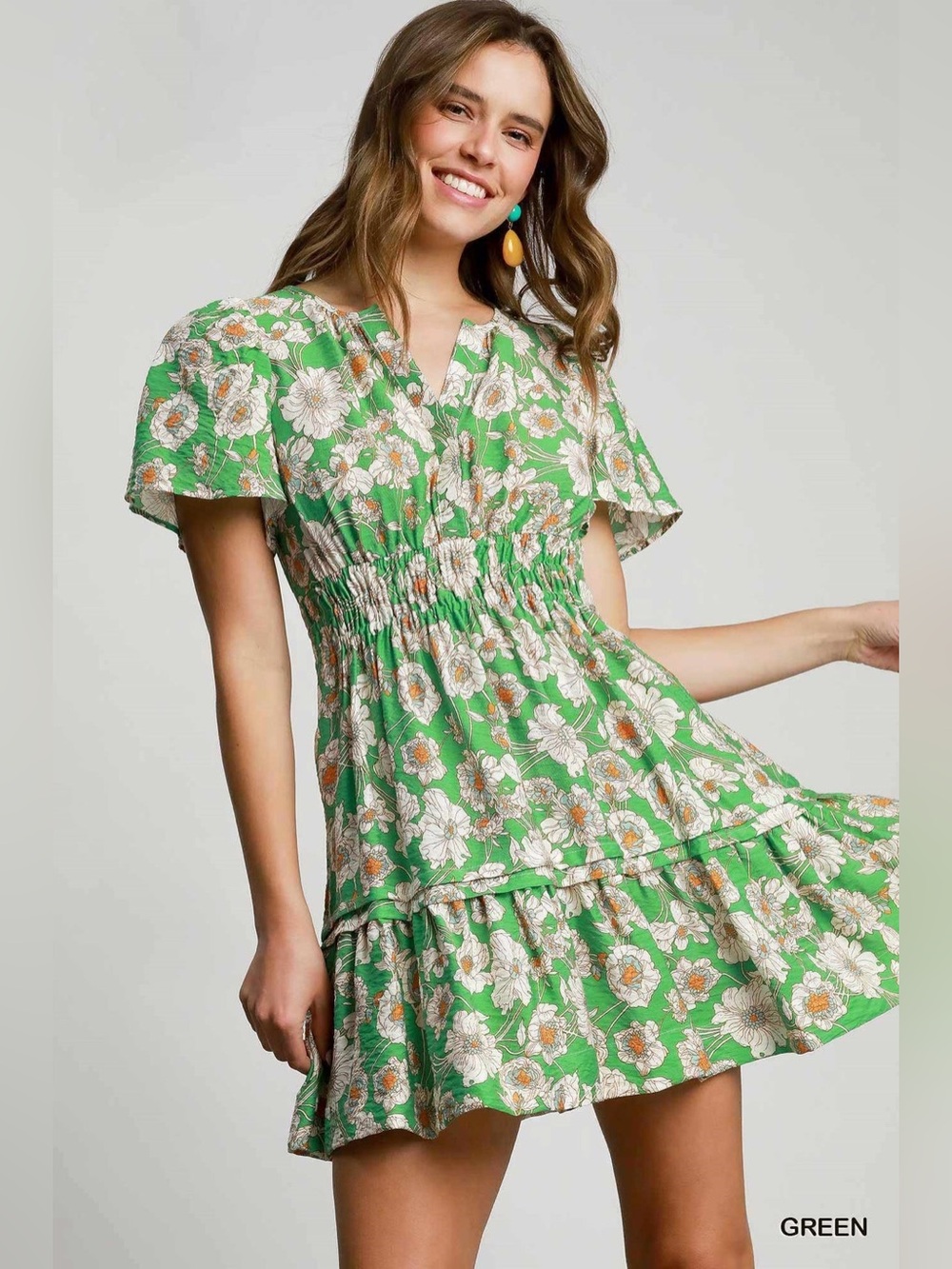 Umgee Floral Smocked Waist Mini Dress Green White Size Medium NWT